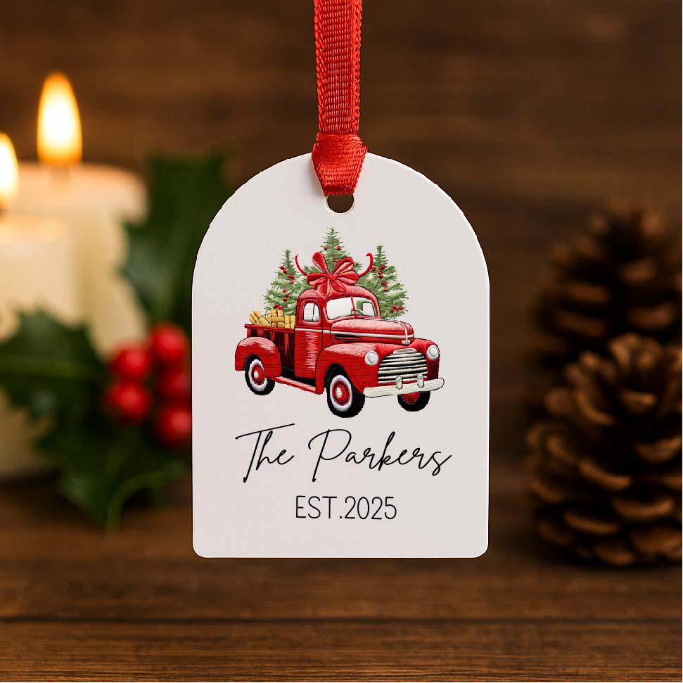 Personalized Red Truck Christmas Ornament 2025 – Custom Family Name Acrylic Keepsake – Holiday Gift for Couple or New Home