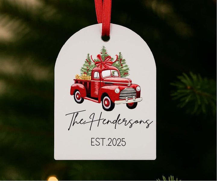 Personalized Red Truck Christmas Ornament 2025 – Custom Family Name Acrylic Keepsake – Holiday Gift for Couple or New Home
