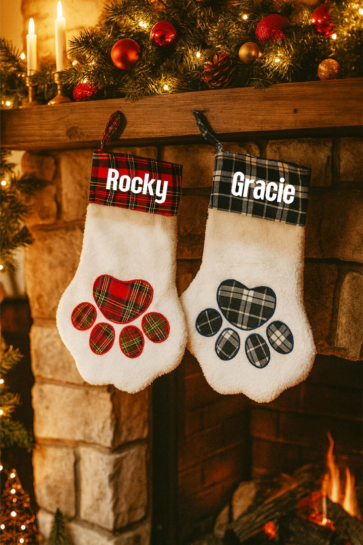 Pet Christmas Stocking –&nbsp;Dog or Cat Christmas Stocking – Custom Plaid Paw Ornament Gift for Pet Lovers 2025