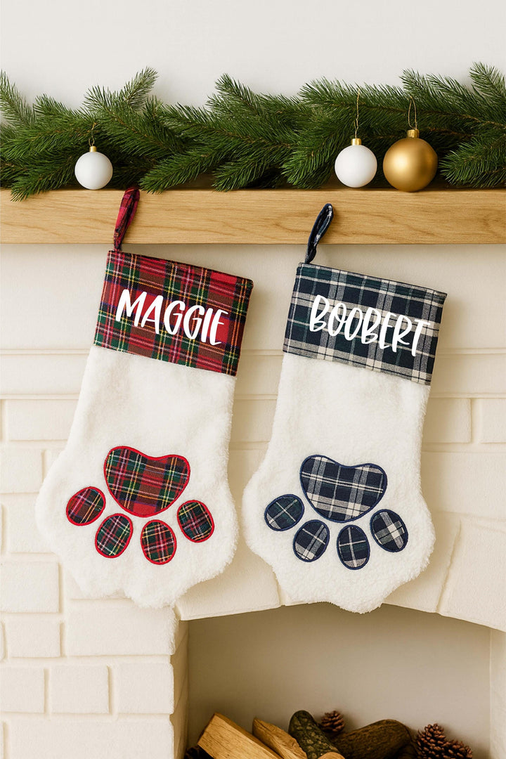 Custom Pet Name Stocking – Plaid Paw Christmas Stocking for Dogs or Cats – Personalized Holiday Decor 2025