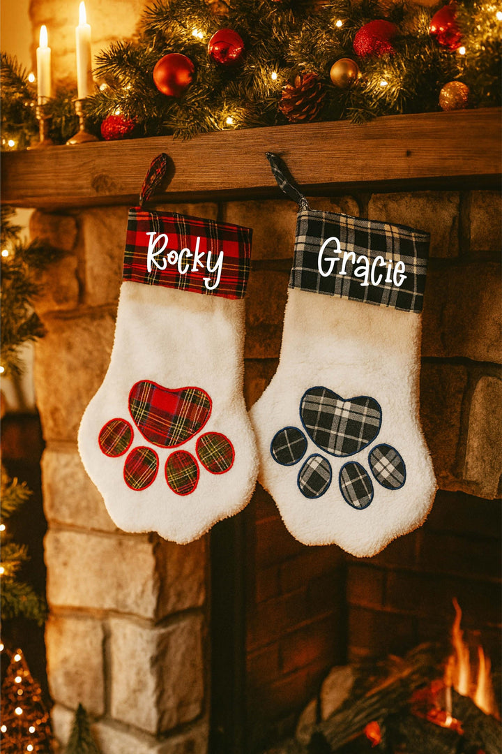 Paw Pet Name Stocking – Plaid Paw Christmas Stocking for Dogs or Cats – Personalized Holiday Decor 2025