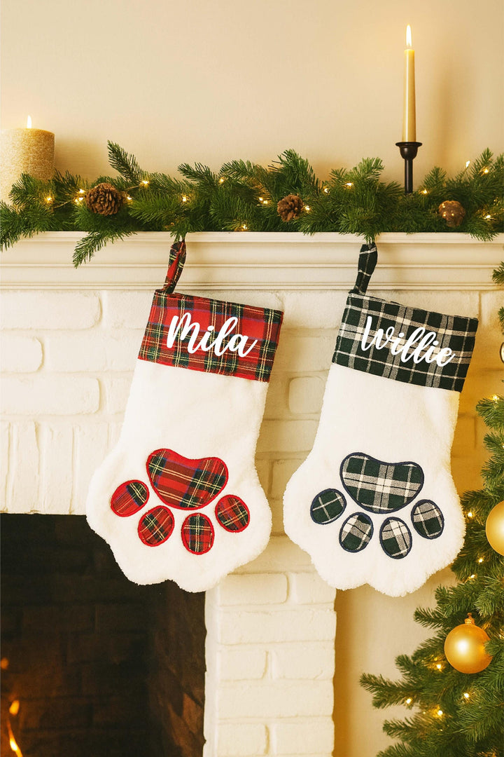 Pet Christmas Stocking –&nbsp;Dog or Cat Christmas Stocking – Custom Plaid Paw Ornament Gift for Pet Lovers 2025