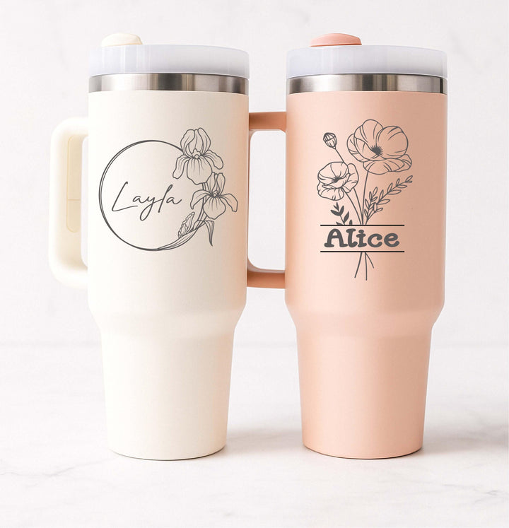 Custom name tumbler Valentine gift for her Birth flower tumbler 40 oz with handle