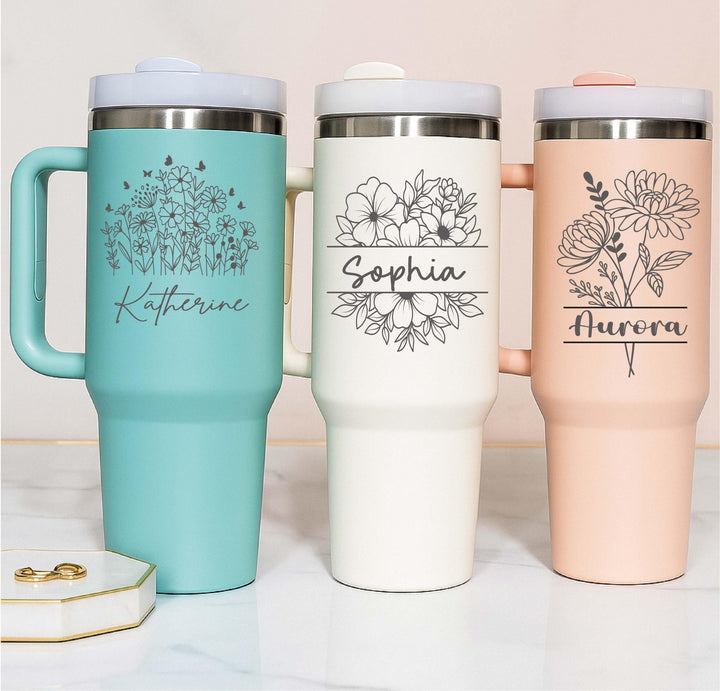Personalized Birth flower name tumbler 40 oz with handle Christmas gift for her