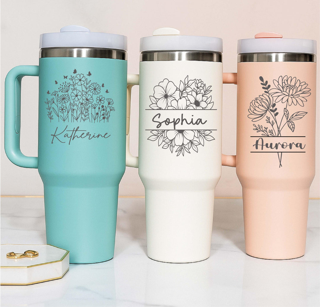 Custom name tumbler gift for her Birth flower tumbler 40 oz with handle