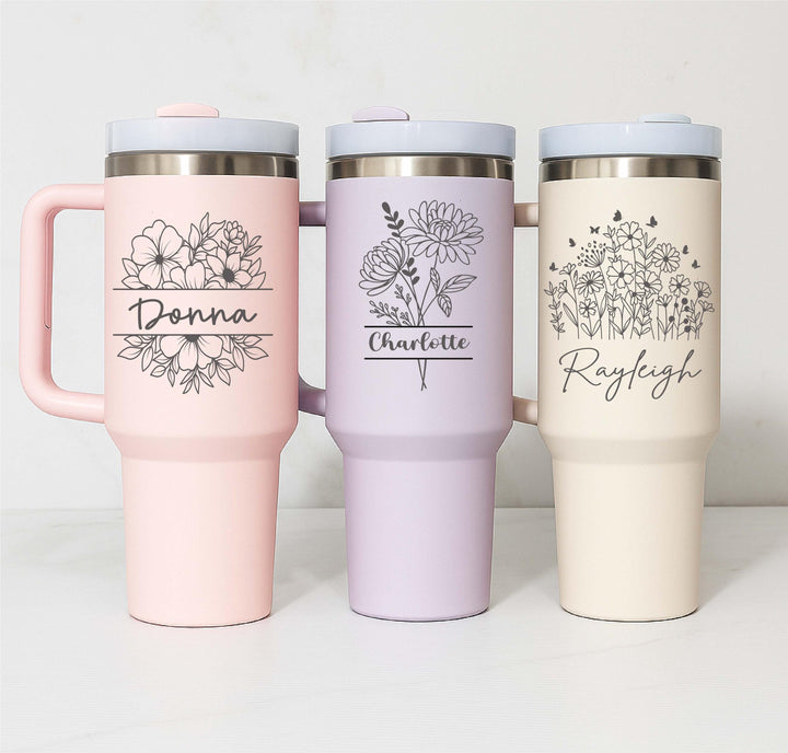 Custom name tumbler Valentine gift for her Birth flower tumbler 40 oz with handle