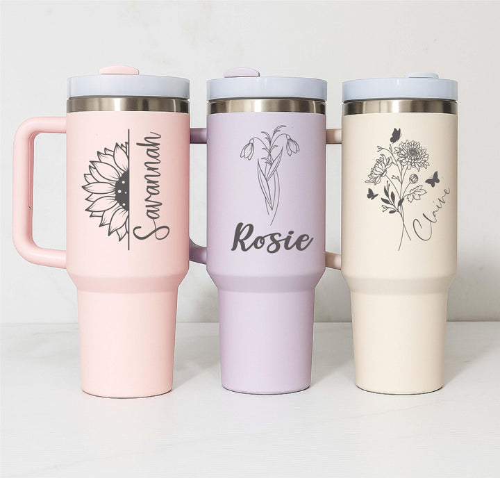 Custom name tumbler Valentine gift for her Birth flower tumbler 40 oz with handle
