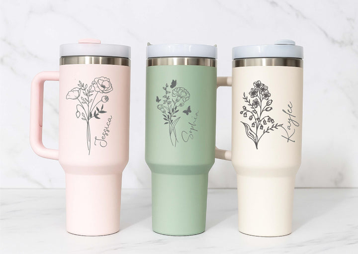 Custom name tumbler Valentine gift for her Birth flower tumbler 40 oz with handle