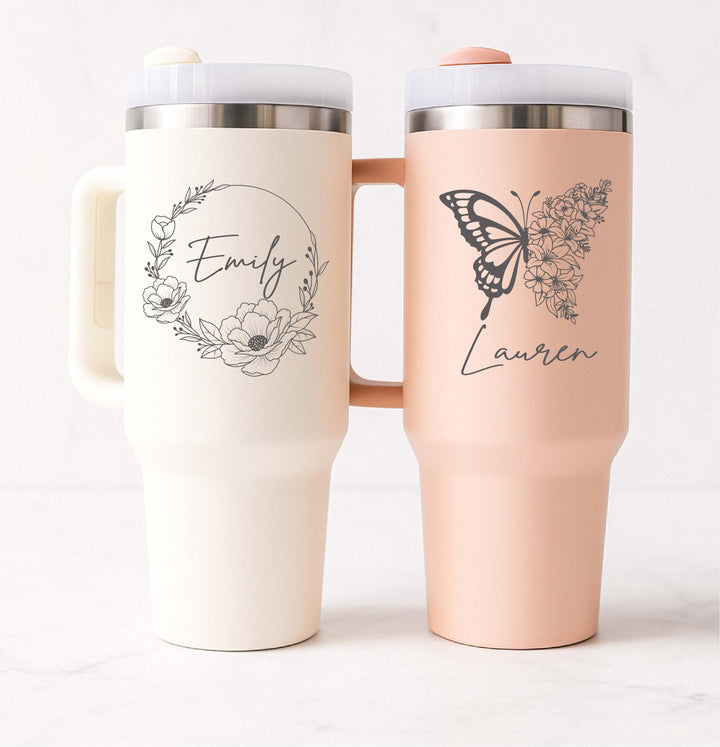 Personalized Birth flower name tumbler 40 oz with handle Christmas gift for her