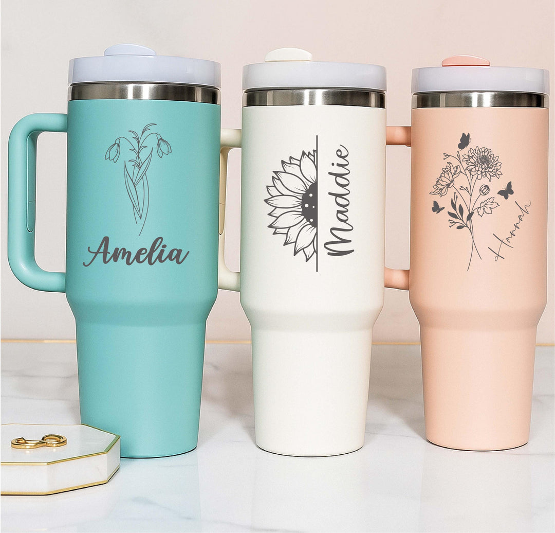 Custom name tumbler gift for her Birth flower tumbler 40 oz with handle