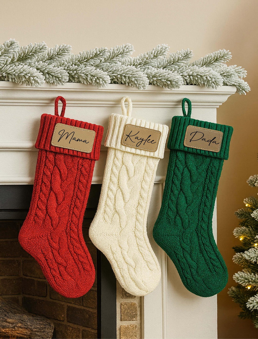 Personalized Christmas family name Stockings Knitted Stocking with leather patch