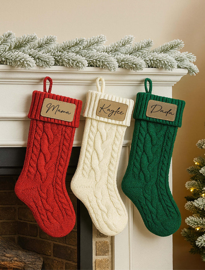 Personalized Christmas family name Stockings Knitted Stocking with leather patch