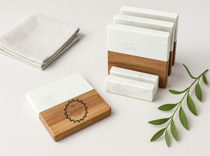 Personalized Marble & Wood Coasters - Wedding Gift Set