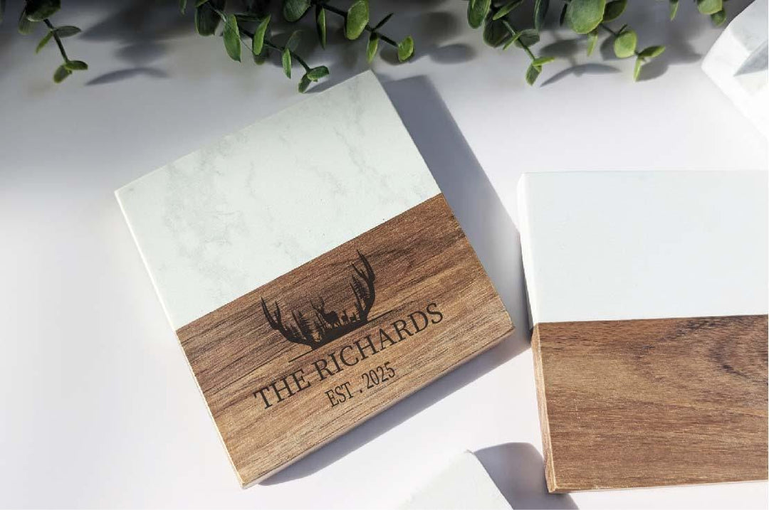 Custom Monogram marble Coasters with Holder | Wedding or Realtor Gift