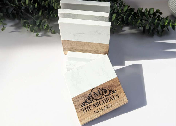 Custom Monogram marble Coasters with Holder | Wedding or Realtor Gift