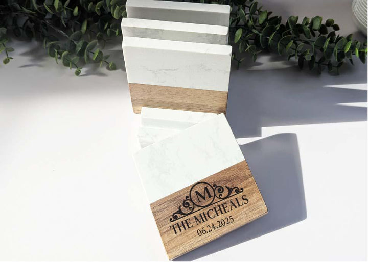 Personalized Monogram Marble Coasters - Wedding or Realtor Gift