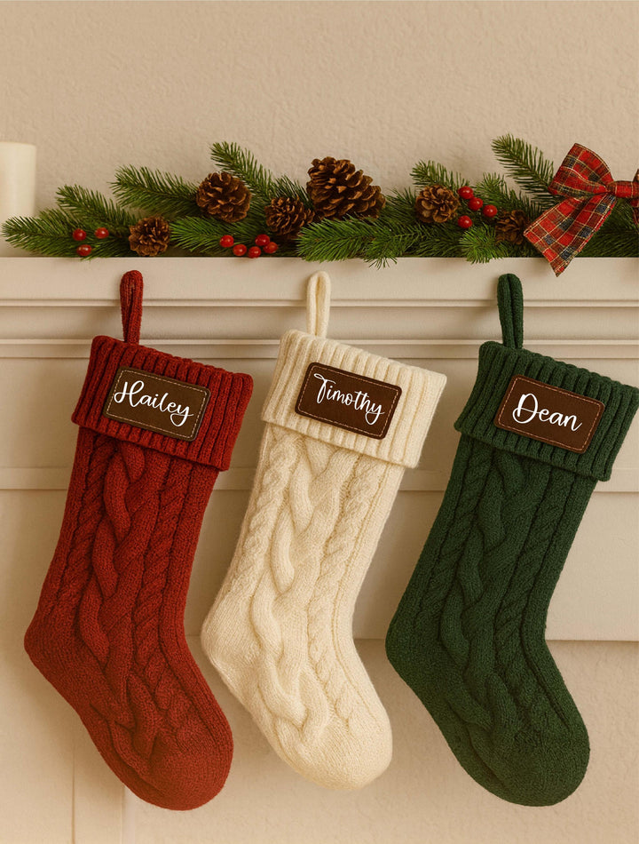Custom Christmas family name Stockings Knitted Stocking with leather patch Stocking for baby