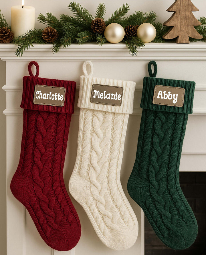Custom Christmas family name Stockings Knitted Stocking with leather patch Stocking for baby