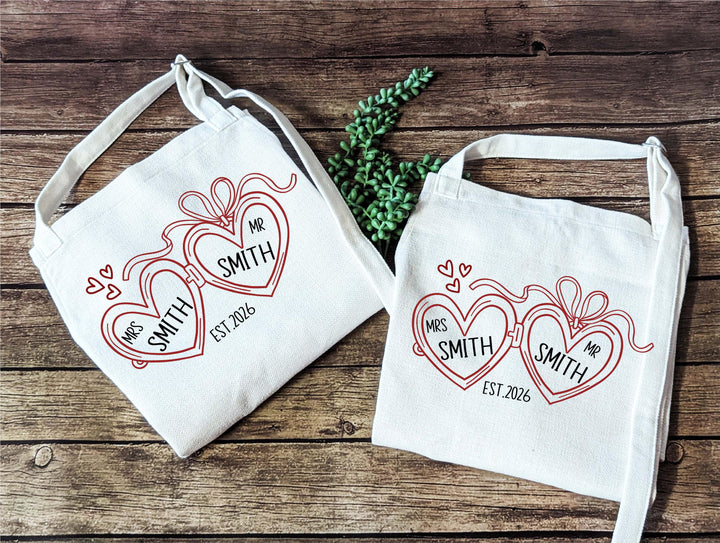 Personalized Couple Apron Set, Greenery Wreath, Wedding Gift