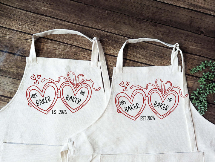 Personalized Couple Apron Set, Greenery Wreath, Wedding Gift