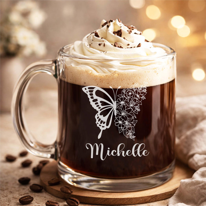 Personalized Birth flower Glass coffee mug with handle Custom Engraved Glass Mug