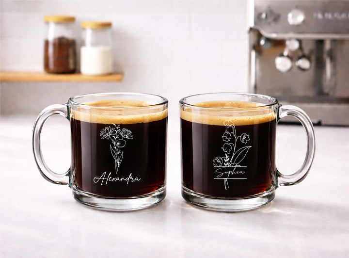 Personalized Birth flower Glass coffee mug with handle Custom Engraved Glass Mug