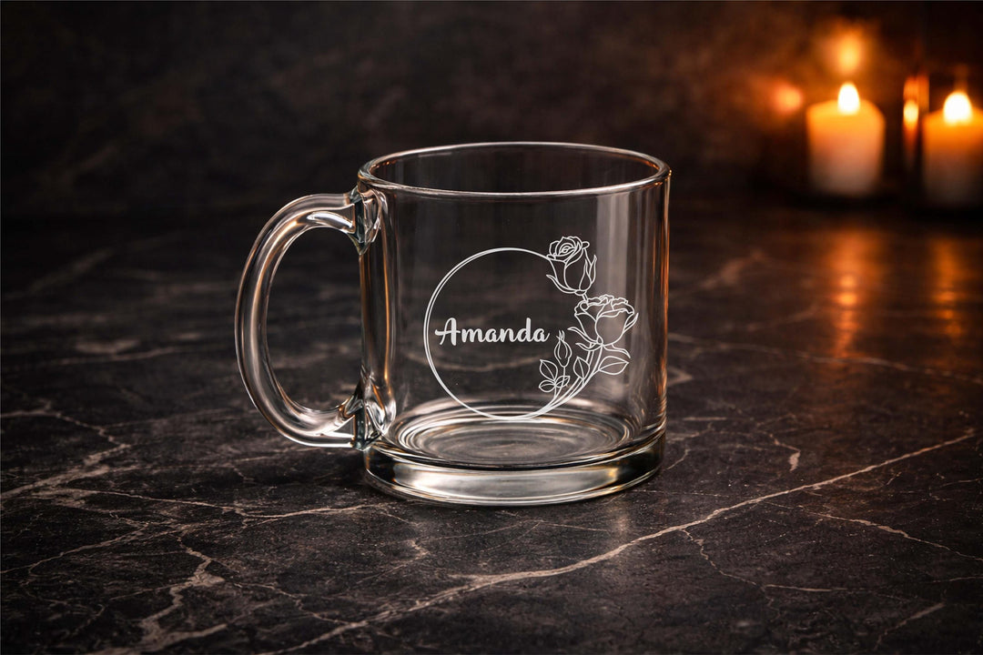 Personalized Birth flower Glass coffee mug with handle Custom Engraved Glass Mug