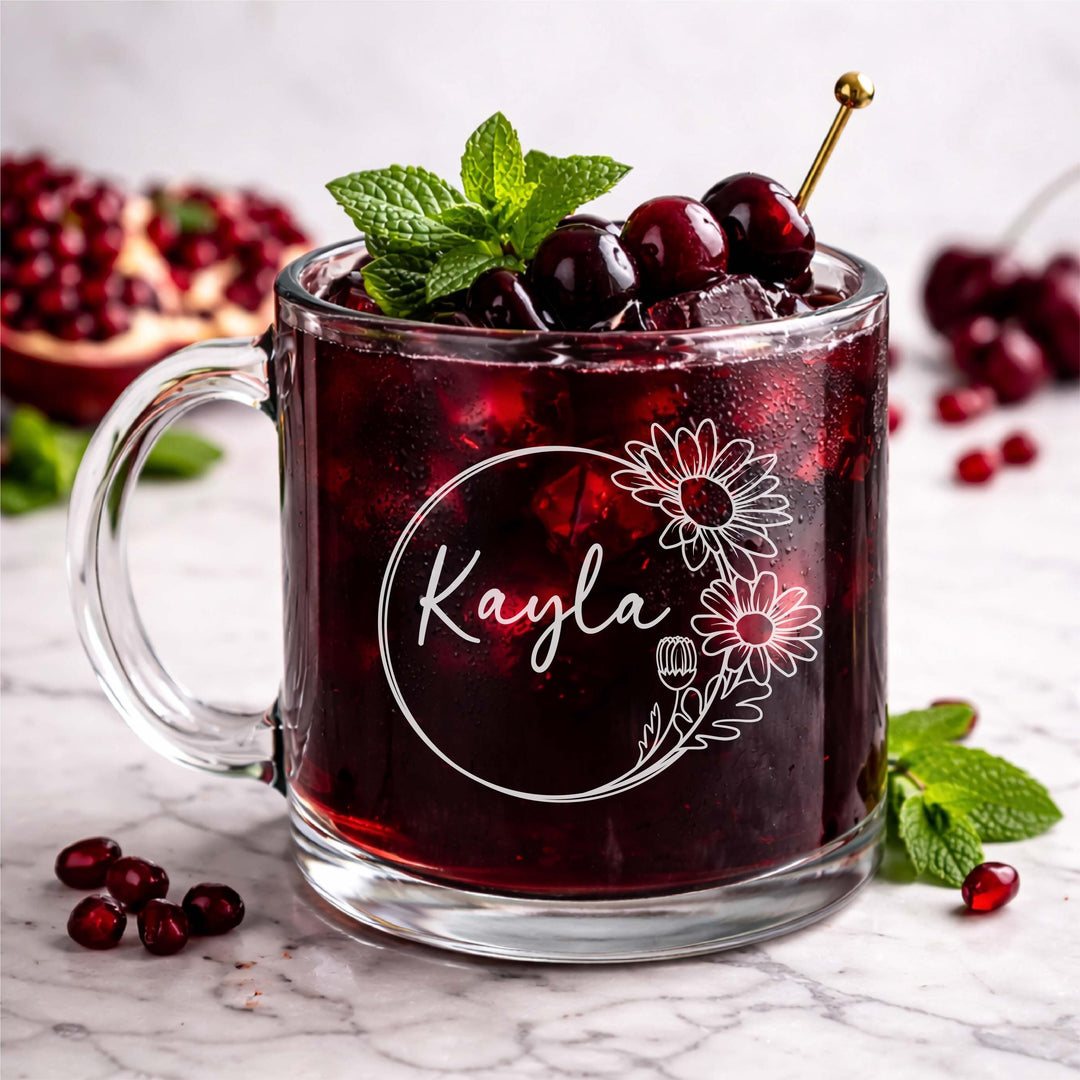 Personalized Birth flower Glass coffee mug with handle Custom Engraved Glass Mug