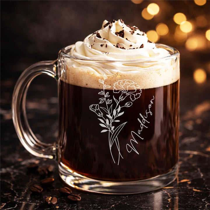 Personalized Birth flower Glass coffee mug with handle Custom Engraved Glass Mug