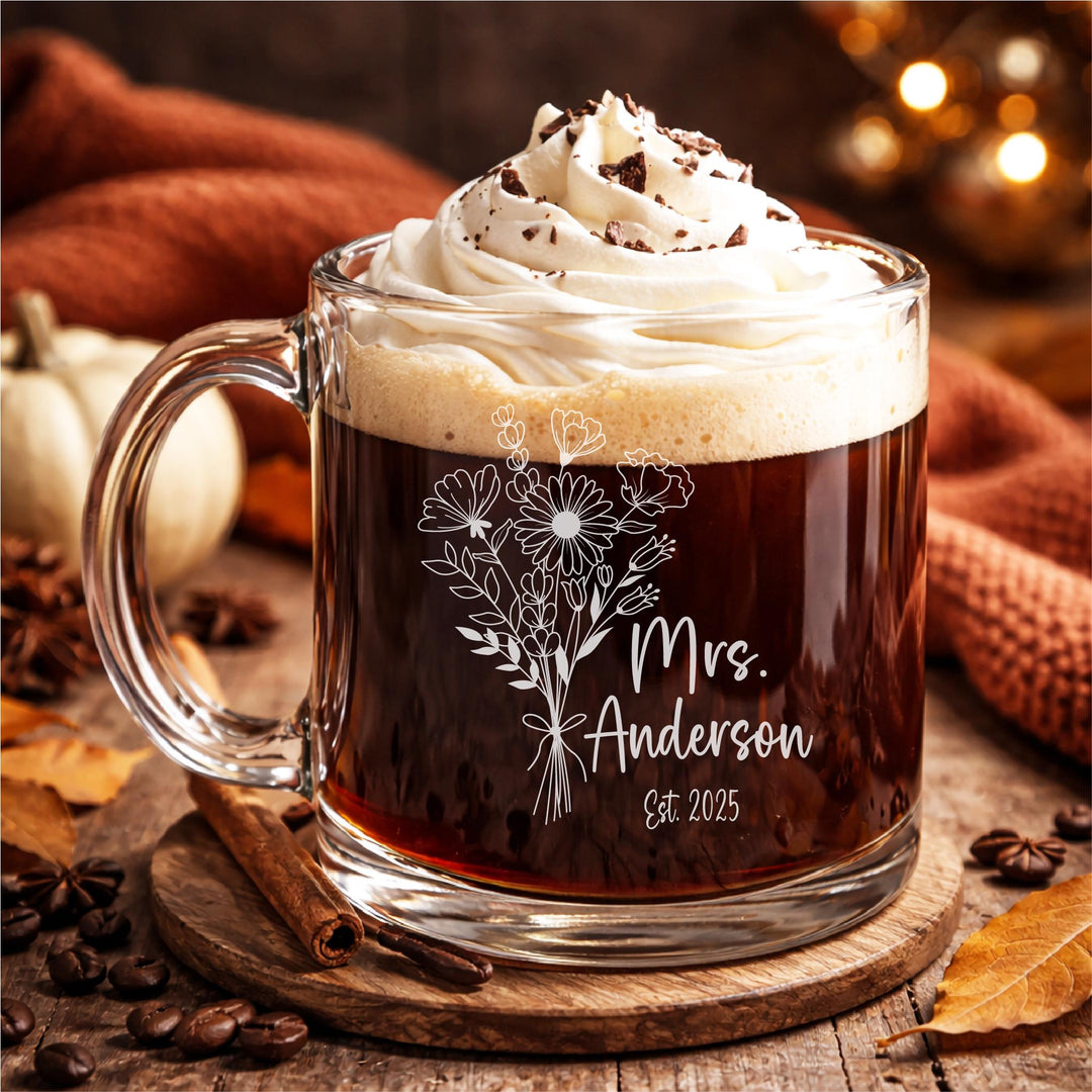 Personalized Mrs Wedding&nbsp;glass mug Gifts with est year, Newlywed Coffee Cup, Wedding Party Present