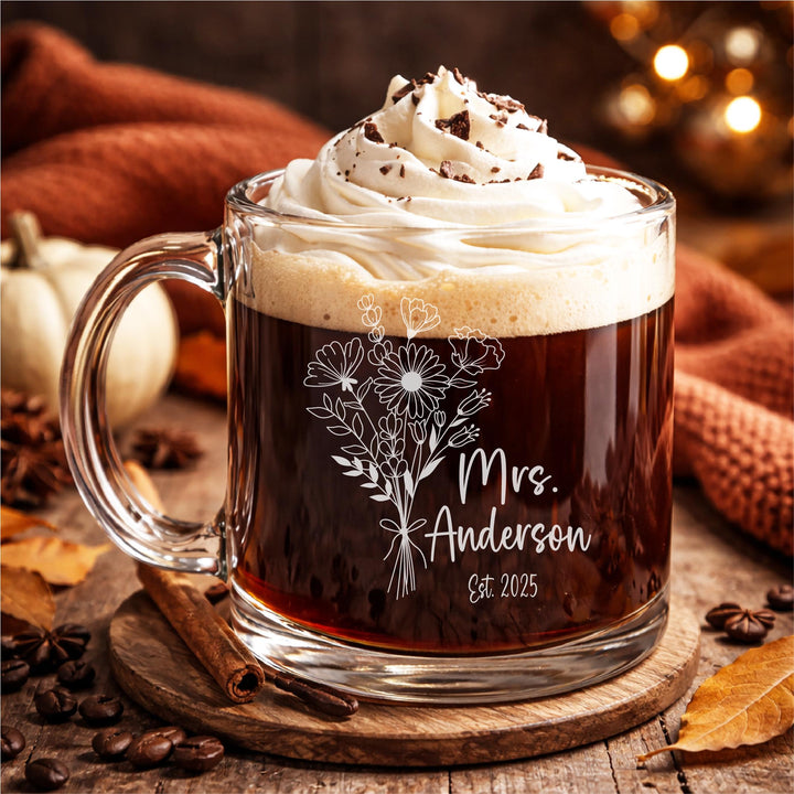 Personalized Mrs Wedding&nbsp;glass mug Gifts with est year, Newlywed Coffee Cup, Wedding Party Present
