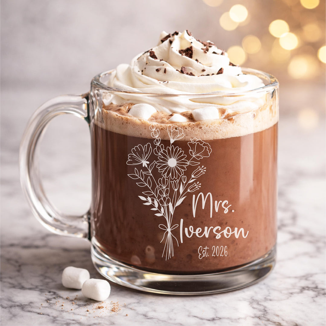Personalized Mrs Wedding&nbsp;glass mug Gifts with est year, Newlywed Coffee Cup, Wedding Party Present