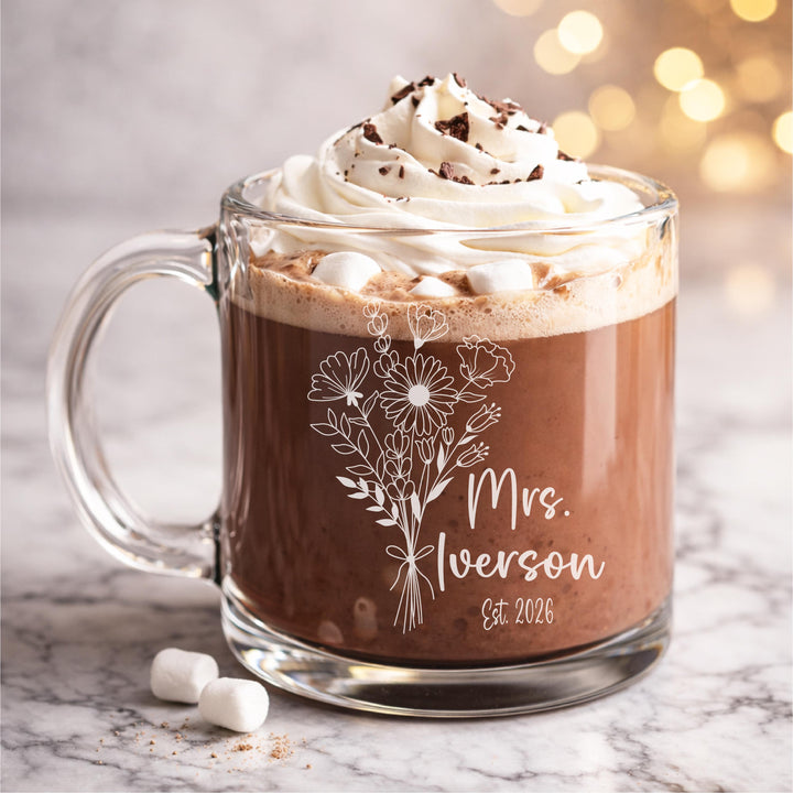 Personalized Mrs Wedding&nbsp;glass mug Gifts with est year, Newlywed Coffee Cup, Wedding Party Present