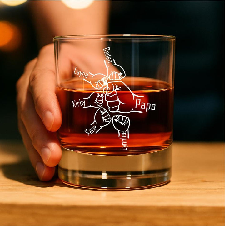 Personalized Whiskey Glass for Dad, Custom Fist Bump Glass, Father’s Day Gift, Grandpa Gift with grandkids name
