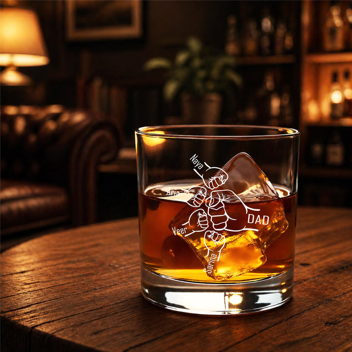 Personalized Whiskey Glass for Dad, Custom Fist Bump Glass, Father’s Day Gift, Grandpa Gift with grandkids name