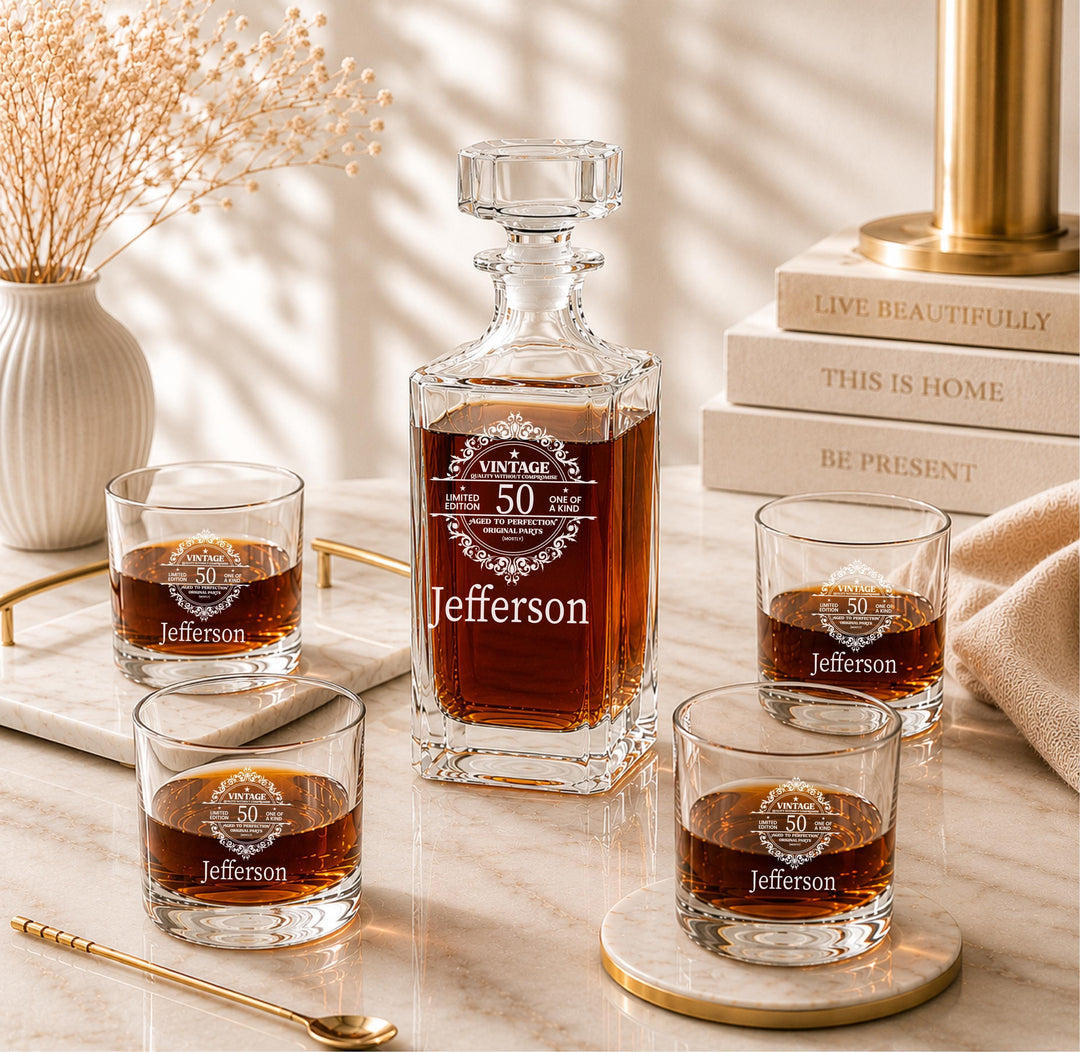 Personalized Whiskey Decanter Set | Custom Engraved Decanter &amp; Glasses | Monogram Whiskey Gift | Bourbon Gift for Dad Husband Groomsmen