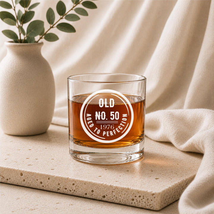 50th Birthday Whiskey Glass, Personalized 50th Birthday Gift for Men, Aged to Perfection Bourbon Glass, Custom Glass Gift for Dad Husband