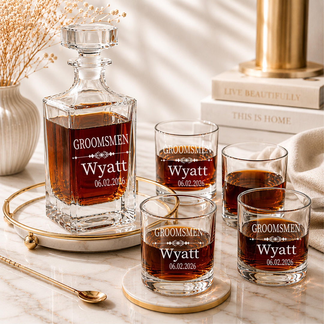 Personalized Whiskey Decanter Set | Custom Engraved Decanter &amp; Glasses | Monogram Whiskey Gift | Bourbon Gift for Dad Husband Groomsmen