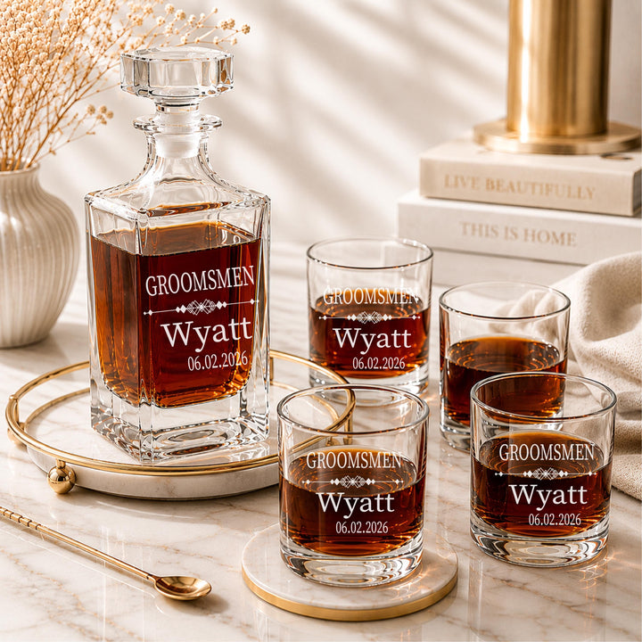 Personalized Whiskey Decanter Set | Custom Engraved Decanter &amp; Glasses | Monogram Whiskey Gift | Bourbon Gift for Dad Husband Groomsmen