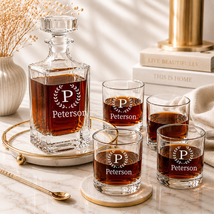 Personalized Whiskey Decanter Set | Custom Engraved Decanter &amp; Glasses | Monogram Whiskey Gift | Bourbon Gift for Dad Husband Groomsmen