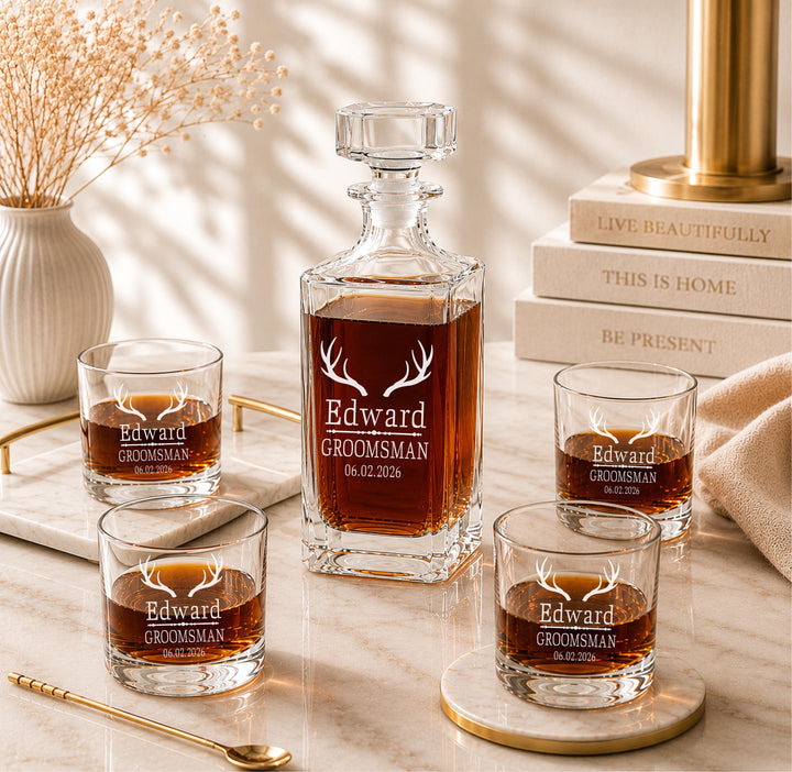 Personalized Groomsmen Whiskey Decanter Set, Custom Whiskey Glass Set, Engraved Best Man Gift, Groom Wedding Gift, Bachelor Party