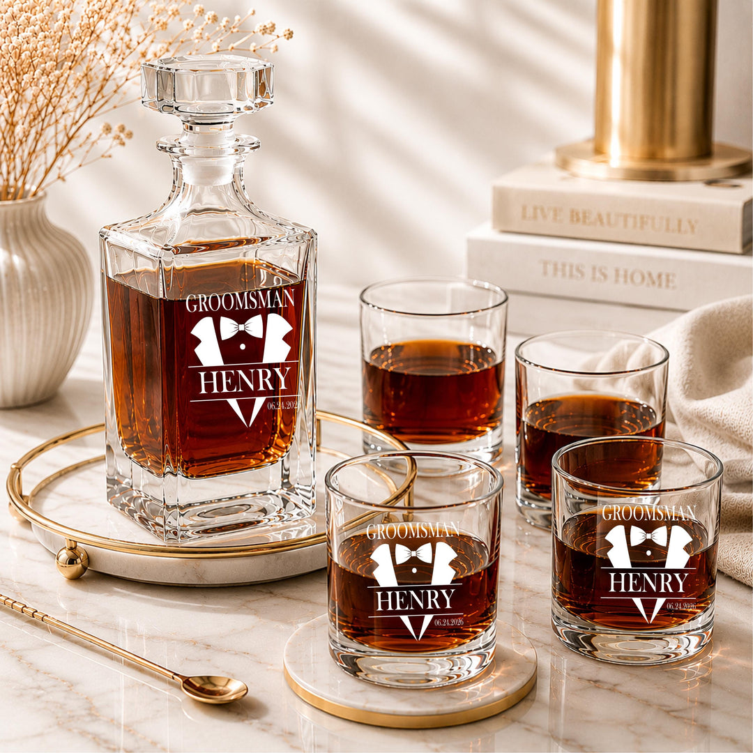 Personalized Groomsmen Whiskey Decanter Set, Custom Whiskey Glass Set, Engraved Best Man Gift, Groom Wedding Gift, Bachelor Party