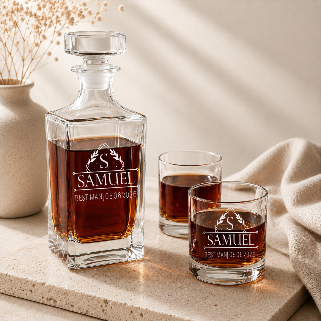 Personalized Groomsmen Whiskey Decanter Set, Custom Whiskey Glass Set, Engraved Best Man Gift, Groom Wedding Gift, Bachelor Party