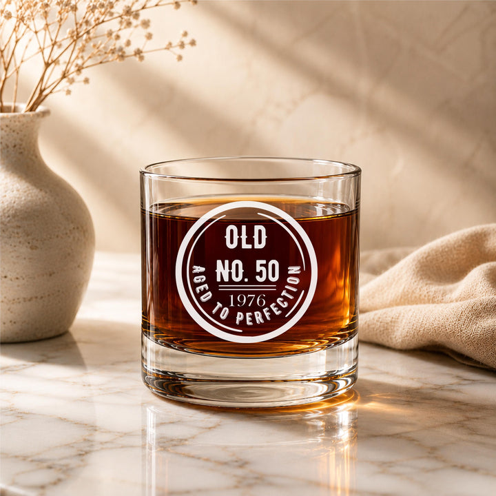 50th Birthday Whiskey Glass, Personalized 50th Birthday Gift for Men, Aged to Perfection Bourbon Glass, Custom Glass Gift for Dad Husband