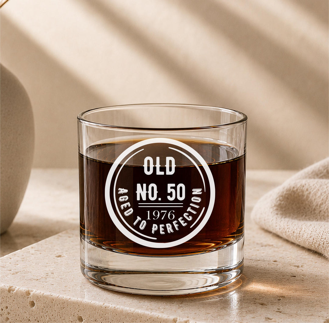 50th Birthday Whiskey Glass, Personalized 50th Birthday Gift for Men, Aged to Perfection Bourbon Glass, Custom Glass Gift for Dad Husband