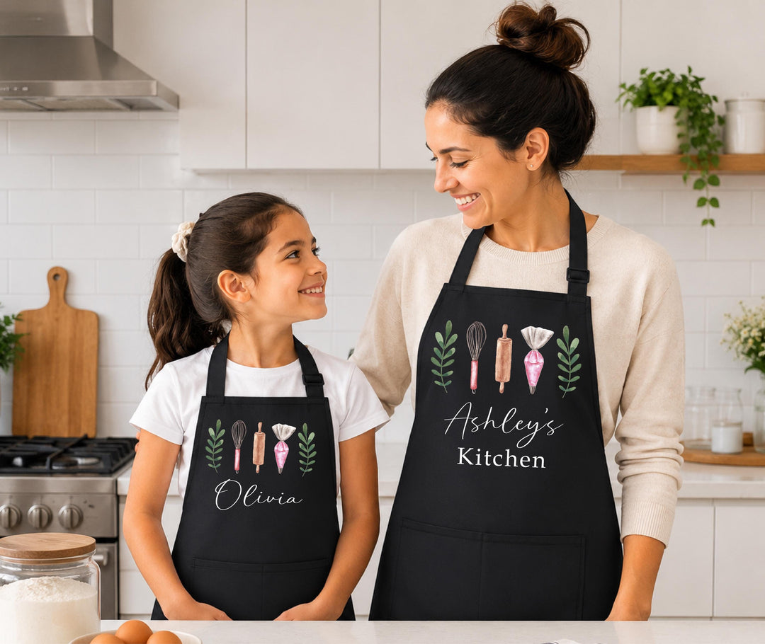 Personalized Apron for Mom &amp; Kids, Custom Name Cooking Apron, Matching Mother Daughter Son Aprons, Mommy and Me Baking Gift, Kitchen Gift