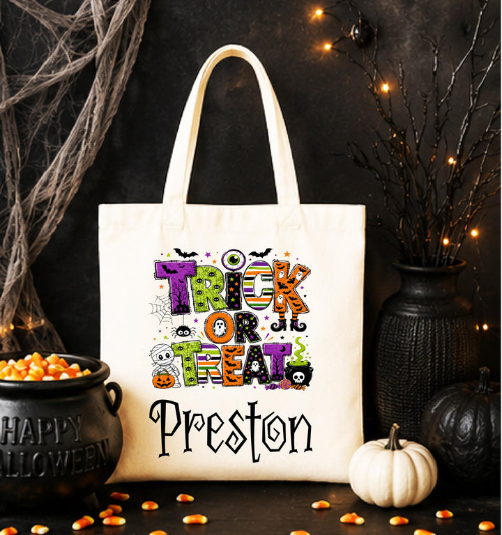 Custom name Halloween Trick or Treat Bag for Kids, Custom Name Candy Bag, Halloween Tote Bag, Kids Treat Bag, Boo Basket Gift