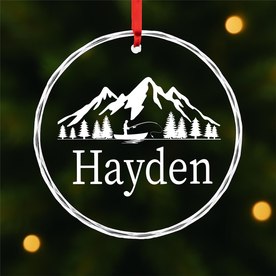 Personalized Mountain Fishing Ornament – Rustic Cabin Keepsake