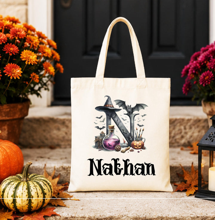 Halloween Tote Bag for Boys Girls, Witch Initial Treat Bag Personalized Halloween Trick or Treat Bag, Custom Name Kids Candy Bag