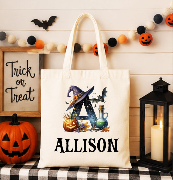 Halloween Tote Bag for Boys Girls, Witch Initial Treat Bag Personalized Halloween Trick or Treat Bag, Custom Name Kids Candy Bag